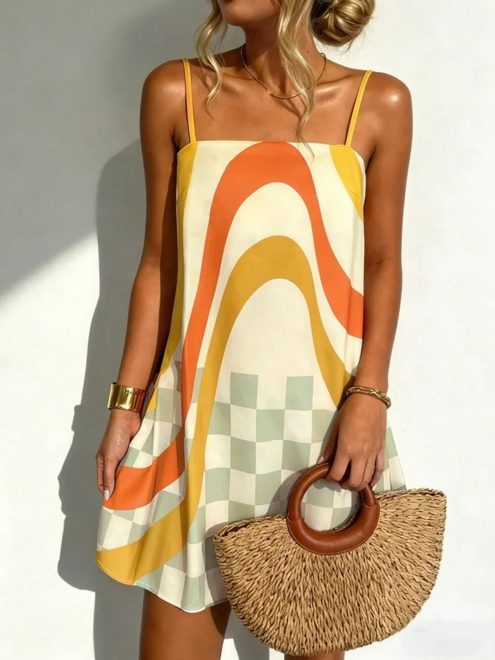 Multicolor Casual Women's Vacation Colorblock Print Slip Dress